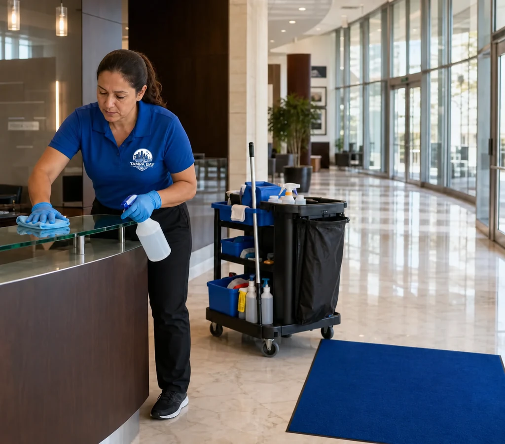 Commercial cleaner disinfecting high-touch surfaces in a Tampa office lobby