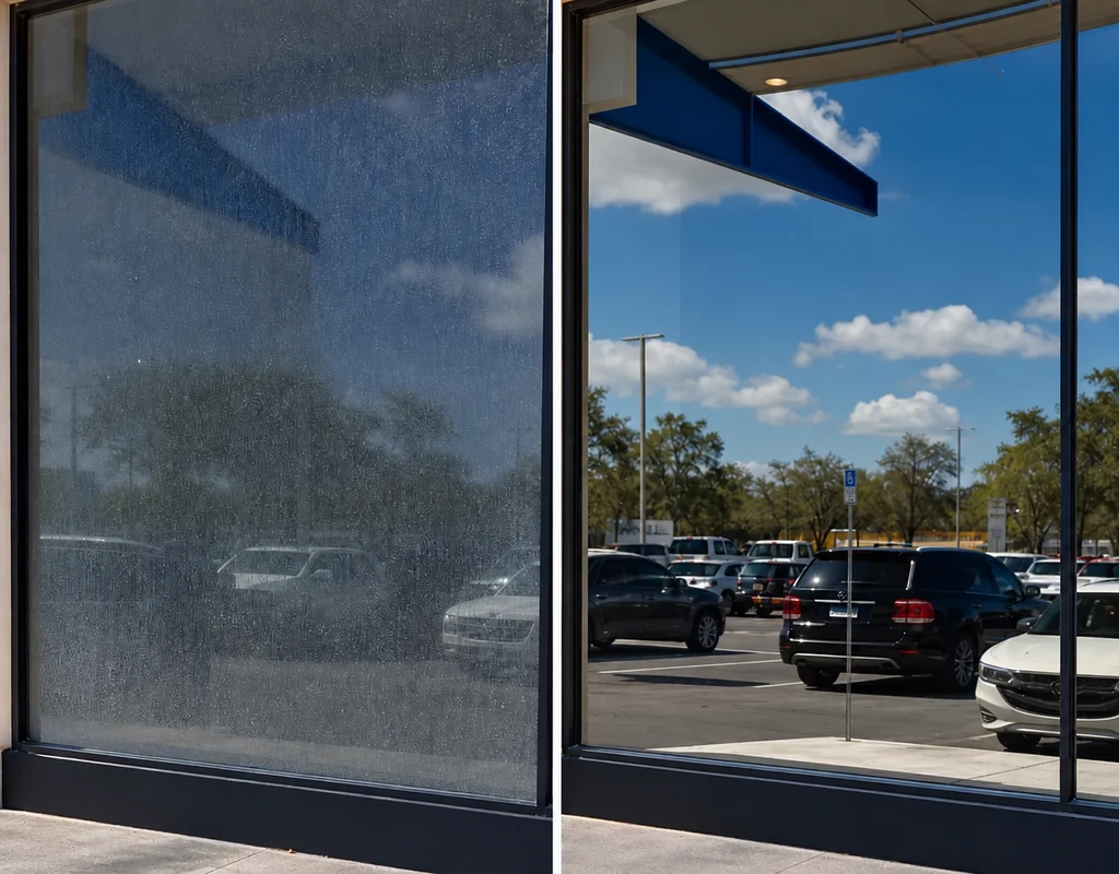 Storefront window before and after professional cleaning, showing removed haze and water spots