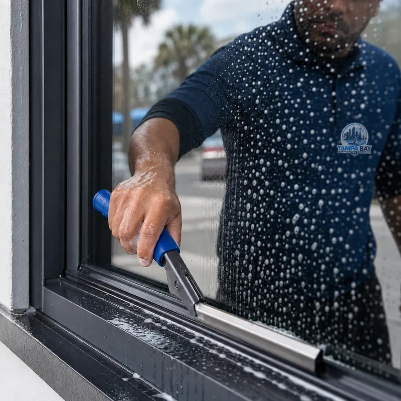 Close-up of careful squeegee detailing along the edge of commercial glass