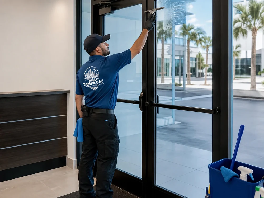 Interior lobby glass and doors with a clear, streak-free finish