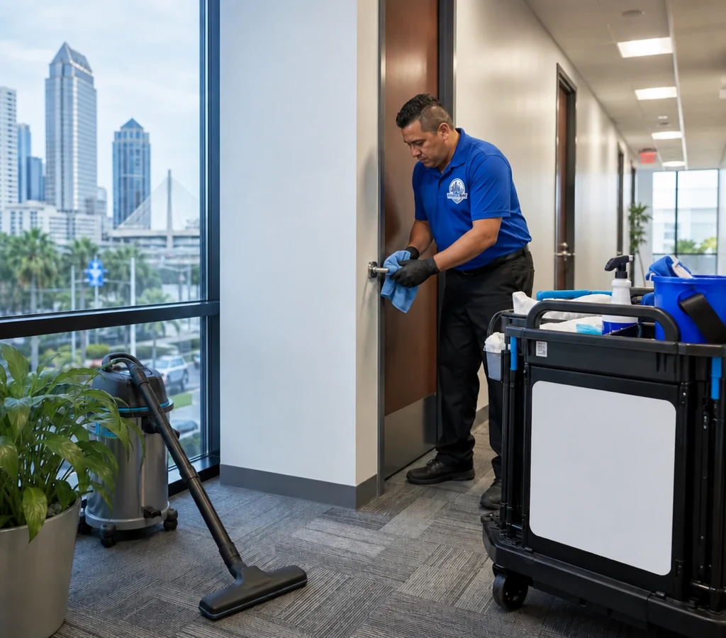 Janitorial technician cleaning a commercial office corridor and high-touch door hardware in a Tampa facility