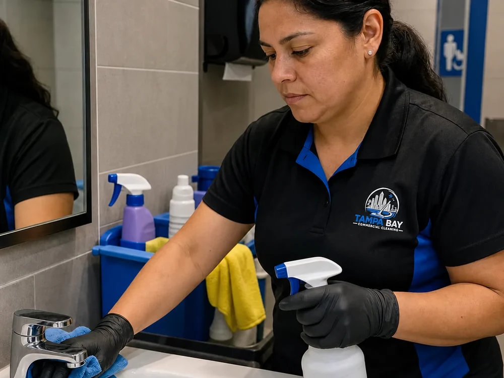 Janitorial technician disinfecting restroom faucets and door hardware with labeled products and color-coded microfiber cloths