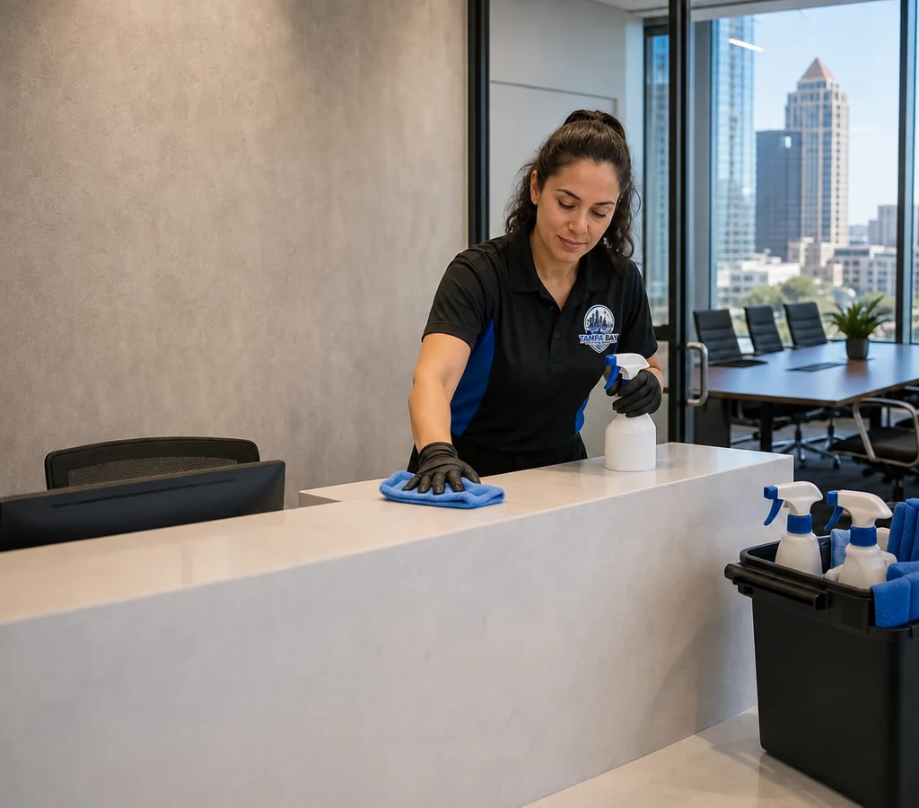 Professional cleaner disinfecting high-touch areas in a modern Tampa office