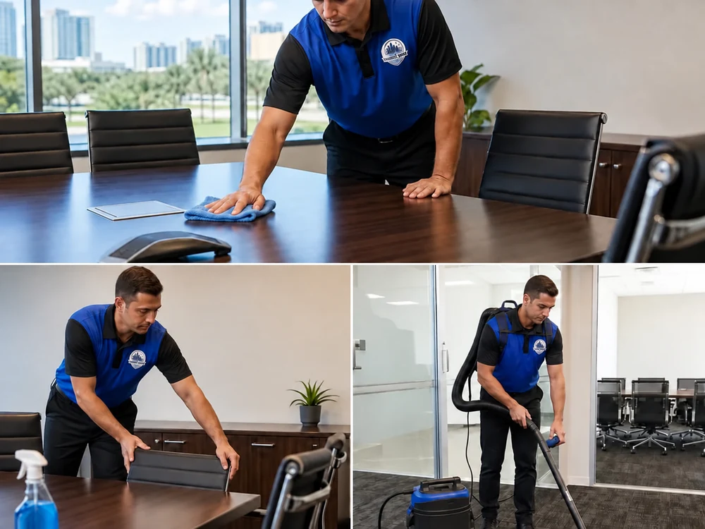 Cleaner wiping a conference table and resetting a professional office conference room