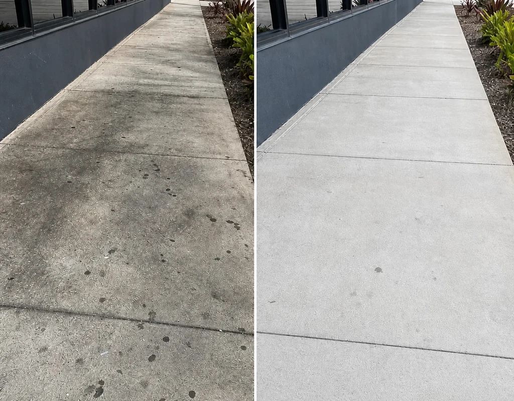 Before-and-after comparison of a Tampa commercial sidewalk with organic staining and gum spots removed