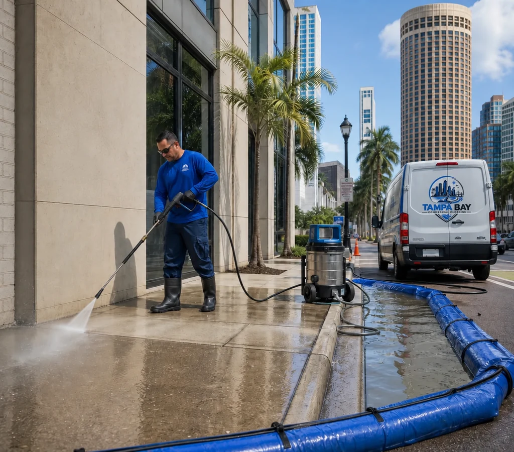 Technician pressure washing a commercial storefront sidewalk in Tampa with runoff containment near the curb