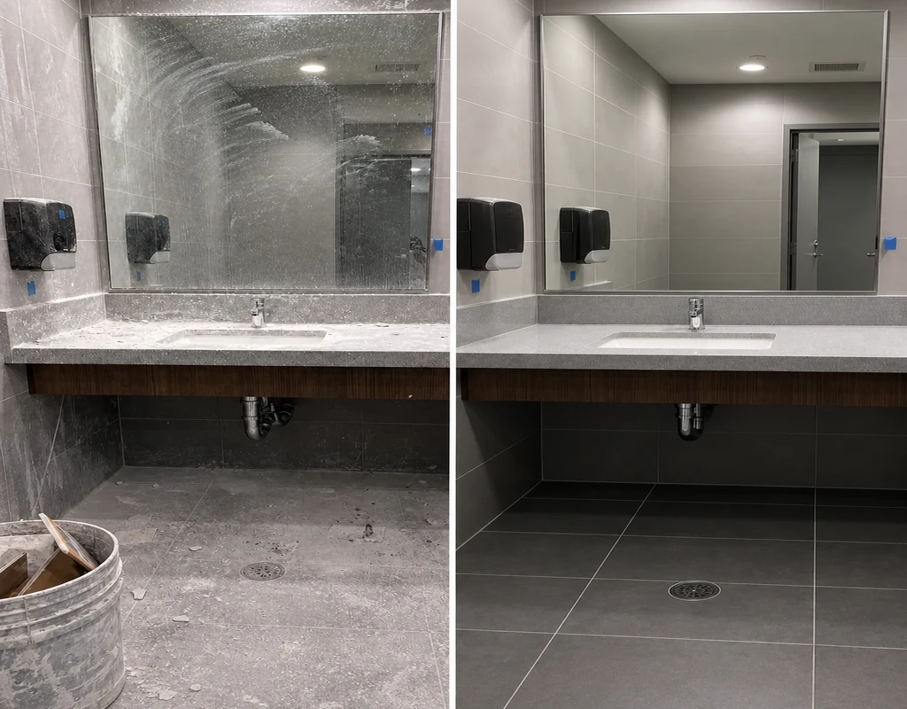 New restroom vanity before and after construction cleaning