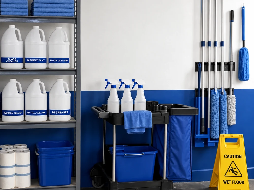 Organized commercial cleaning supplies and equipment in a Tampa workspace